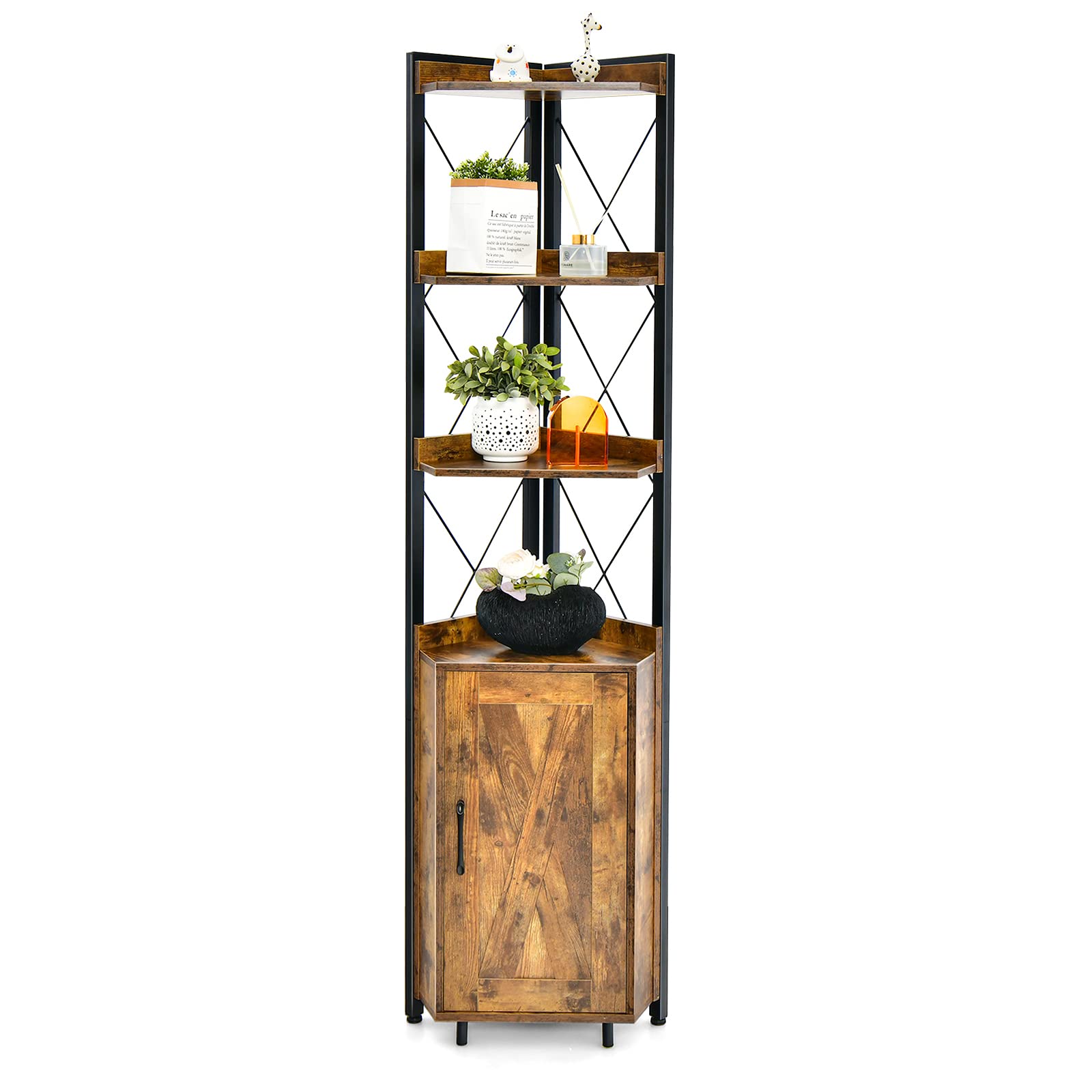 Tangkula Meuble d'Angle Haut, Étagère de Rangement Industrielle à 6 Niveaux de 180 cm avec Armoire à Porte